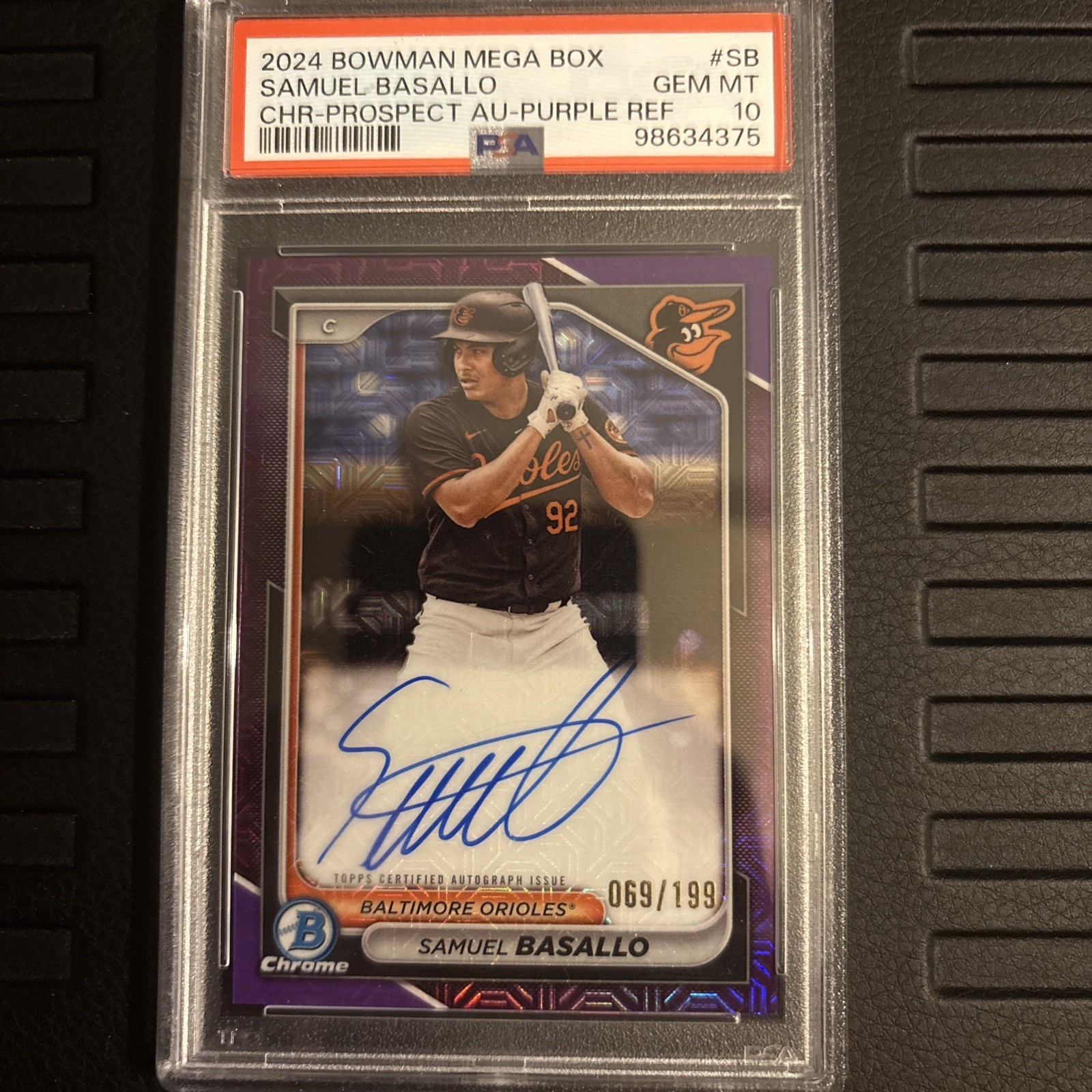 2024 Bowman Mega Box Samuel Basallo Purple Mojo Auto /199 PSA 10 #BMA-SB Orioles