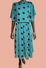 Vintage Silky Black Polka Dot Teal Blouson Belted Midi Dress Totally 80s Size 8