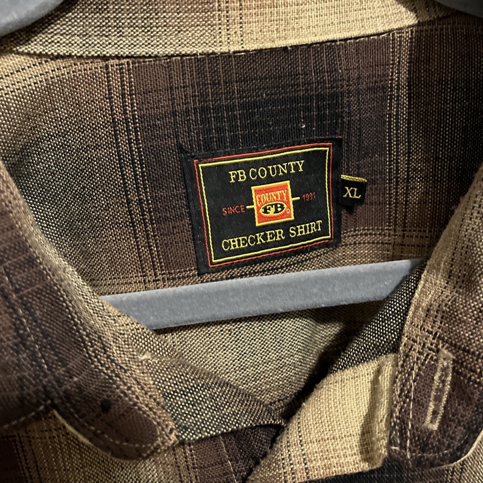 FB County Checker Shirt Men's XL Brown Plaid Button Short Sleeve Pocket ...