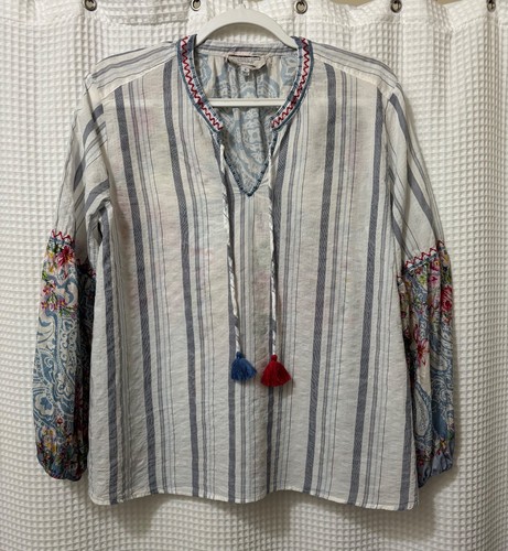 Johnny Was Workshop Blue White Effortless Striped Floral Peasant Top Mixed Media