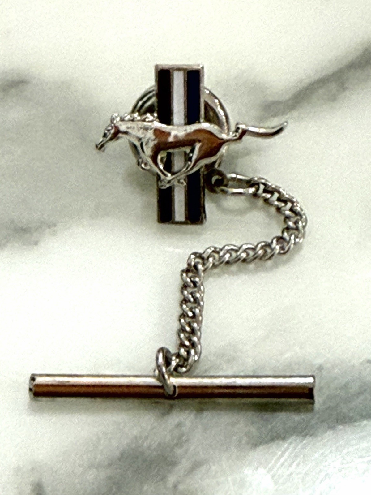 Ford Mustang Tie Tack Lapel Pin Running Horse Silver Tone Chain Bar Back 