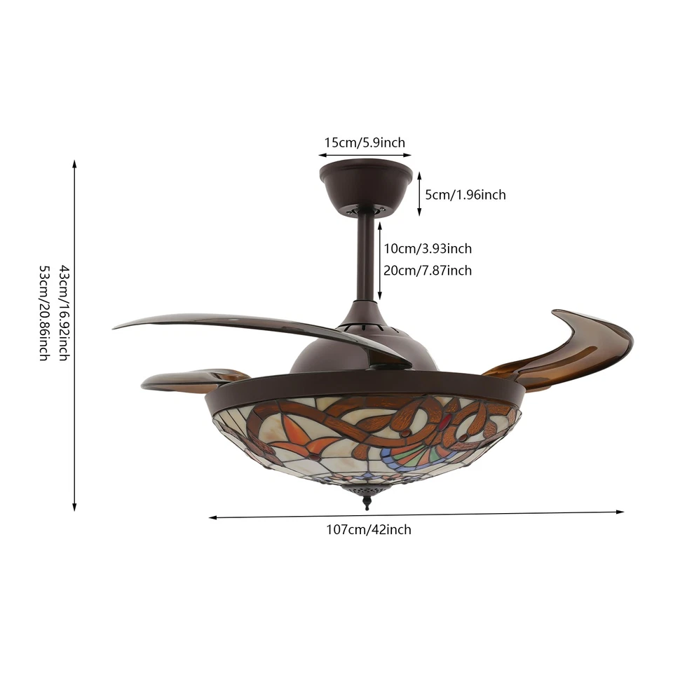 Tiffany Ceiling Fan with Light Glass Shade LED Retractable Chandelier Stained - Image 4 of 4