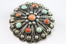 .870 Silver Antique Chinese Export Brooch Filigree Turquoise Coral (22g)