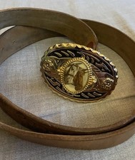 Vtg Leather 1970s Belt  Buckle 2 Horses Silver Gold Tone Western Style Cowboy