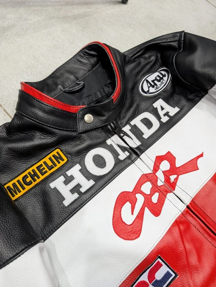 Chaqueta de moto de cuero Honda CBR Championship bordada vintage de carreras de F1 Foto 3 de 4