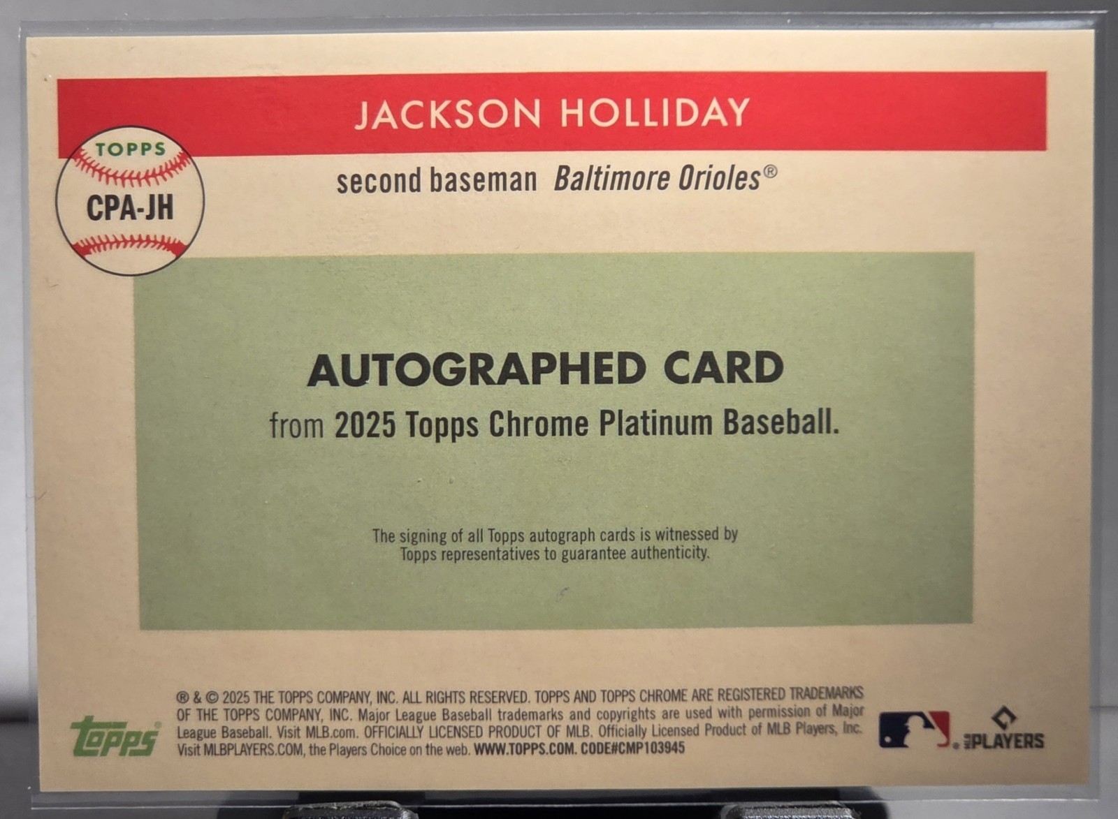 2025 Topps Chrome Platinum Jackson Holliday True Gold Refractor 5/50 CPA-JJ Auto view 2