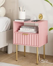Night Stand with Charging Station, Fluted Bedside Table with Gold Frame, Side...