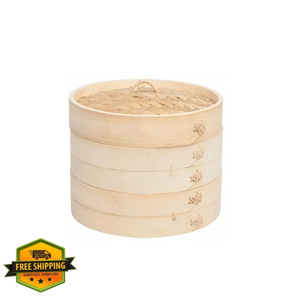 Bamboo Steamer Basket 4" 2 Tier Natural Lid Dumpling Dim Sum