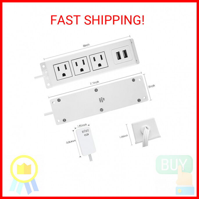 3 Outlets Wall Mount Power Outlet Strip with USB, Under Desk Power