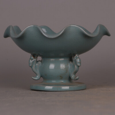 6.3'' China Song Porcelain Ru Kiln Celeste Glaze High Foot Compote Plate