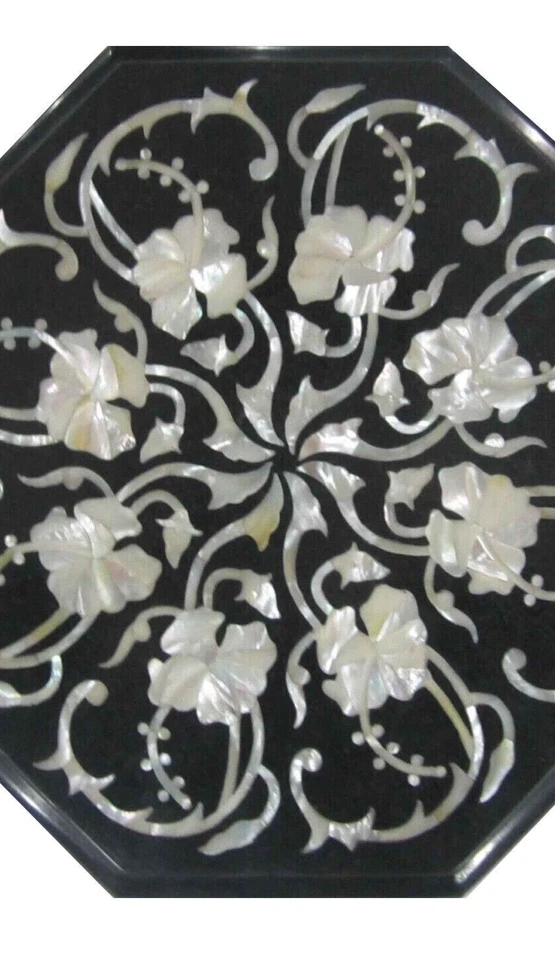 12 Inches Marble Office Side Table Top Mother of Pearl Inlay Work Coffee Table - Image 2 of 4