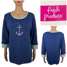 Fresh Produce Womens Small Sweatshirt Blue Anchor Terry Lined Made In USA NWT