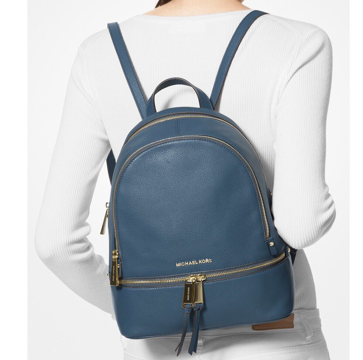 Michael Kors Rhea Zip Small Backpack in Dk Chambray / gold Michael Kors Rhea Zip Small Backpack in Dk Chambray / gold