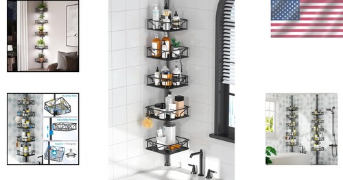 Rustproof 5-Tier Corner Shower Caddy Organizer with Hooks - Adjustable Pole - Picture 2 of 11
