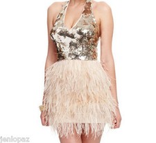 NWT Bebe isis gold beige sequin sparkle halter feather bustier top dress S small