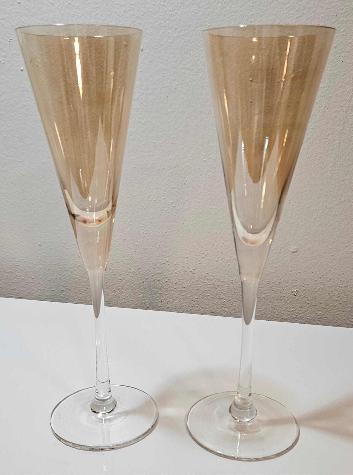 Pair Elegant Champagne Flutes Lustre Gold 10 1/2