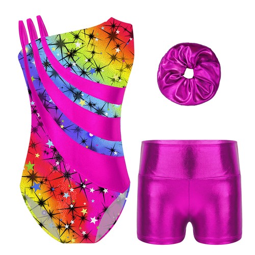 Kids Girls Romper Hair Band Leotard Metallic Playsuit Teamwear Activewear Shiny - Picture 28 of 65