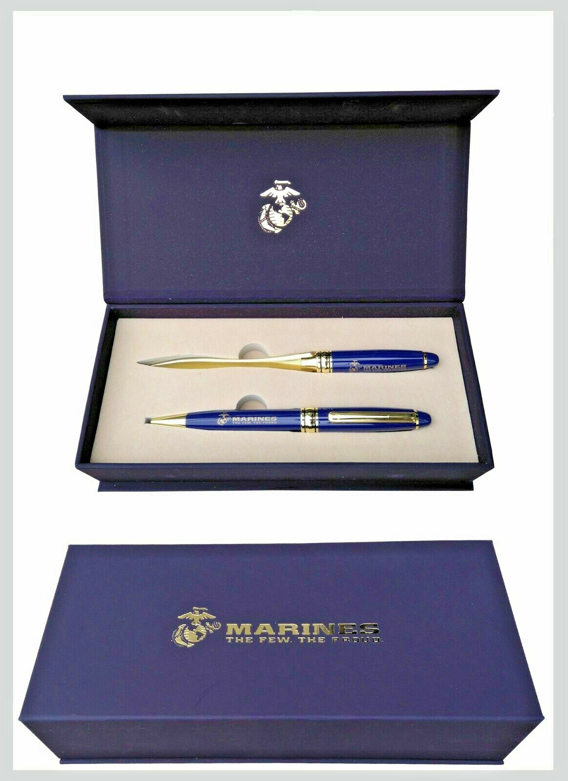 US Marines USMC Ballpoint Pen and Letter Opener Gift Set Unique Gold Cross Style
