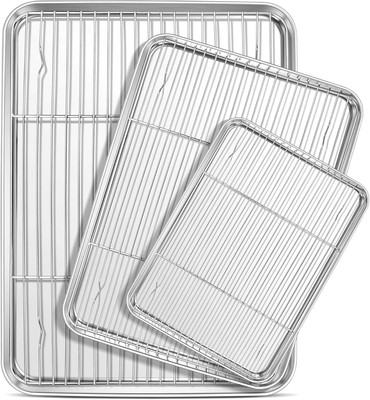 E-far Baking Sheet with Cooling Rack 16''+12''+9.3'' (3 Pans+3 Racks), Silver 