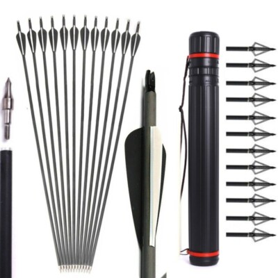 12pcs 30'' Archery Carbon Arrows Hunting Broadheads 100 grain Quiver Bow Target