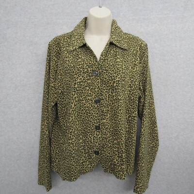 Good Clothes Womens Top Shirt Blouse Size L Petite Brown Long Sleeve Animals