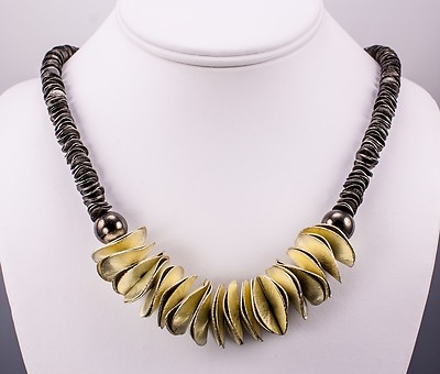 Green Gold and Gunmetal Gray Necklace Curved Disc Designer Fashion 22 Inches iDu