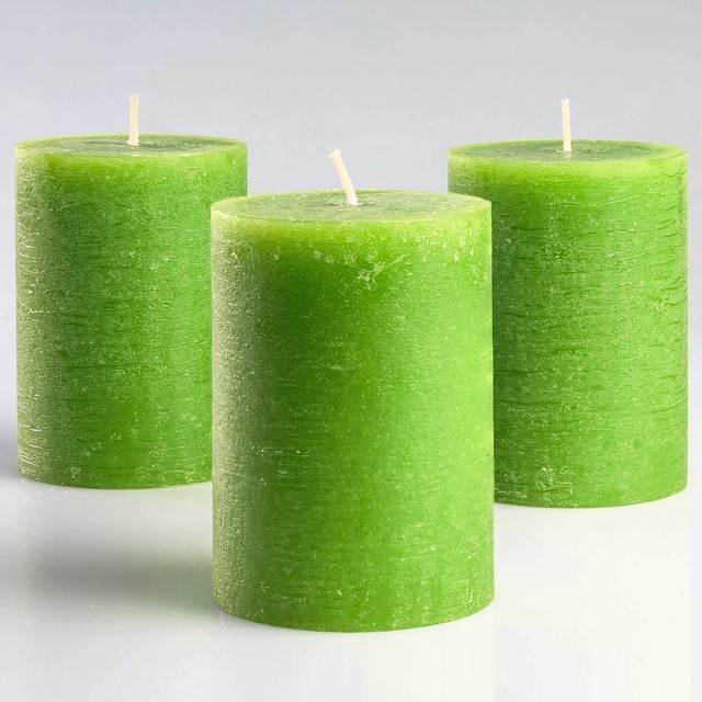 Melt Candle Company Set of 3 Rustic Unscented 3x4 Green Pillar Candles