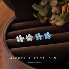 Small Opal Flower Sterling Silver Stud Earrings with Screw Backs, White and Blue
