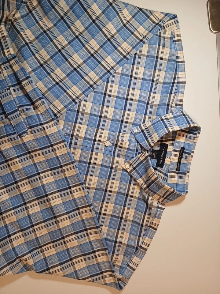 Dress Shirt Lands End XL SUPIMA NO IRON OXFORD COTTON LONG SLEEVE Blue Yellow - Image 2 of 2