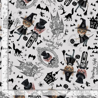 Halloween Fabric | Costume Cat Haunted House Toss Gray | Timeless Treasures YARD