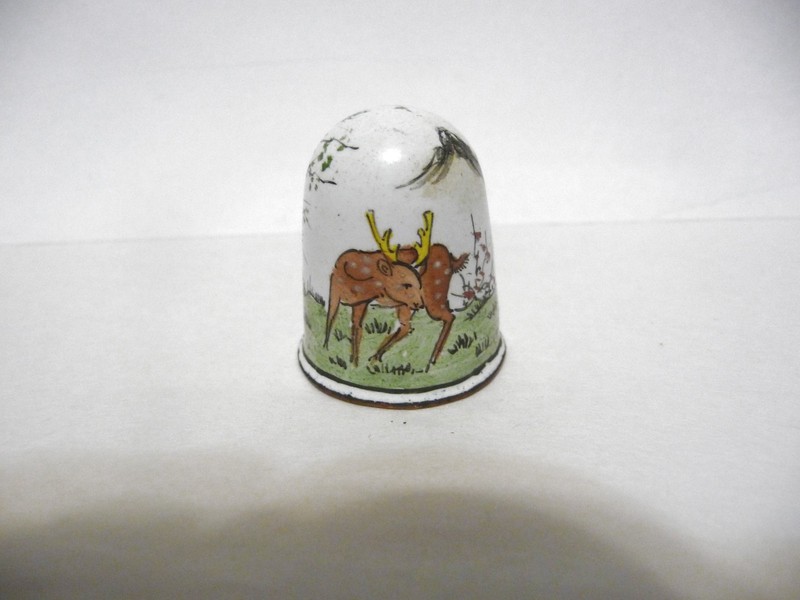 THIMBLE HANDPAINTED ENAMEL OVER COPPER MR SONG JIM-MING DEER FAMILY HTF BEAUTY
