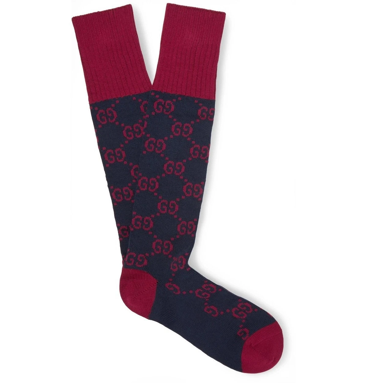 Authentic Men's Gucci Navy Burgundy GG Supreme Stretch Cotton Socks 471093 New