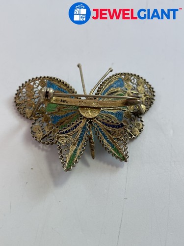 SIGNED GOLD-PLATED STERLING SILVER BUTTERFLY PIN MULTIPLE COLORED ENAMELS #FQ157 - Picture 4 of 6