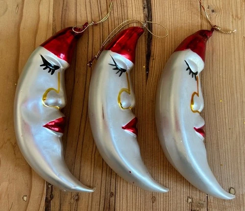 Vintage Glass Christmas Moon Face Anthropomorphic Ornaments Set of 3 🌙