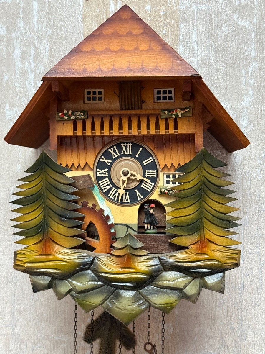 Vtg W Germany Black Forest Cuckoo Clock Chalet Water Wheel Moving