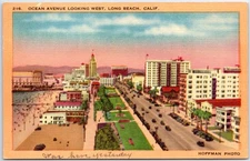 VINTAGE POSTCARD OCEAN AVENUE LOOKING WEST AT LONG BEACH CALIFORNIA 1940s