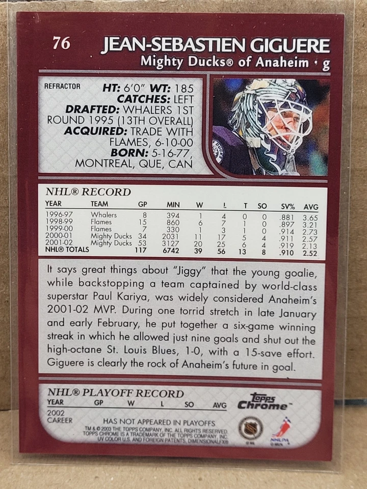 2002-03 Topps Chrome Jean-Sebastien Giguere Refractor #76 - Image 2 of 2