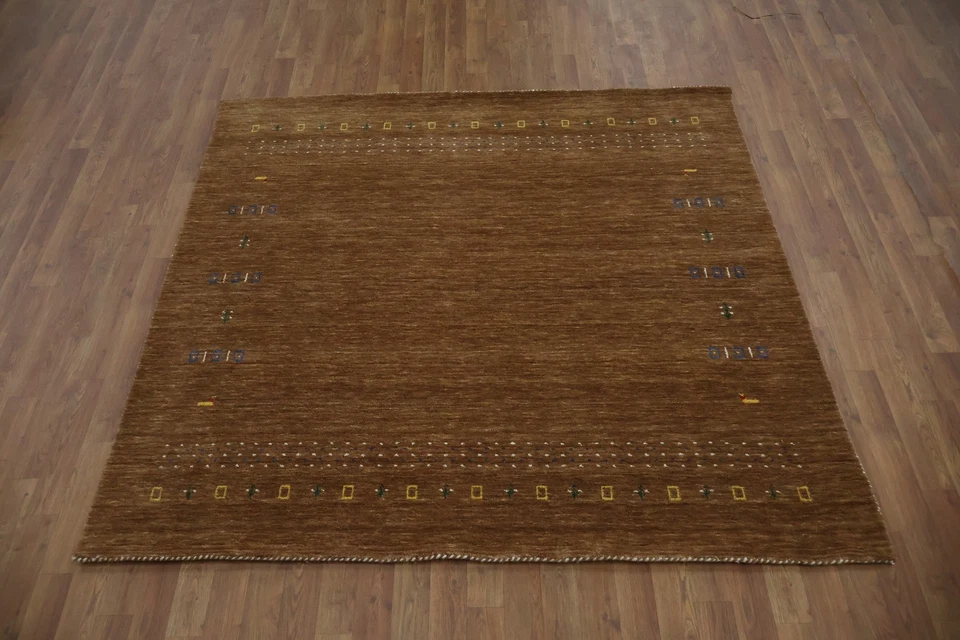 Versatile Brown Square Rug Handmade with Delicate Geometric Border Decor 6x6 - Image 4 of 4
