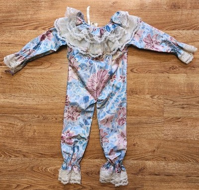 90's Bubble Suit Large Doll-Clown Taffeta Lace Collar Floral Jumpsuit Long