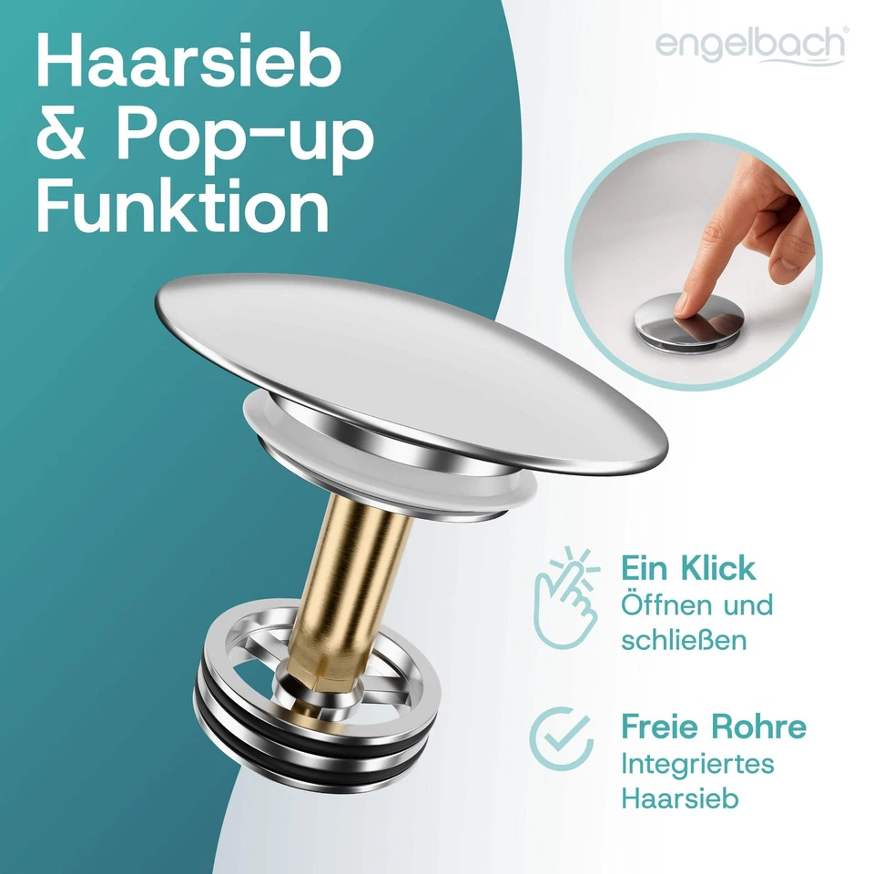 Engelbach Ablaufgarnitur Waschbecken Pop Up Dichtungen Abfluss mit/ohne Überlauf - Bild 3 von 4