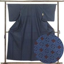 Recycled Tsumugi Silk Kimono, Navy Awase/Lined , Women  s M, Unused