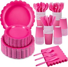 350 Pcs Hot Pink Paper Plates and Napkins, 50 Guest Hot Pink Party Supplies Incl