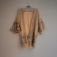 Kimono Mocha Taupe floral cardigan duster top jacket embroidered light boho OS