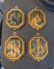 Rare Vintage Italian silk Portrait miniature pictures in frames. Link together