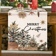 Xmas Trees Holly Pine Cone Merry Christmas Table Runner for Home Party Decor Sea