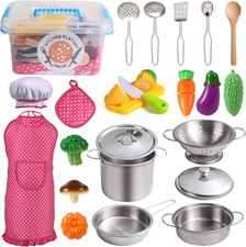 Kitchen Pretend Play Toys with Stainless Steel Cookware Pots and Pans Set, Cooki