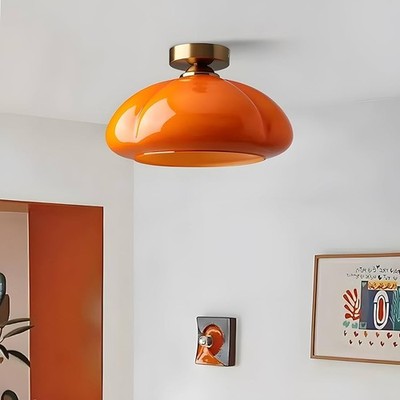 Bofea-Mid Century Modern Orange Milk Glass Ceiling Light,Vintage Gold Semi