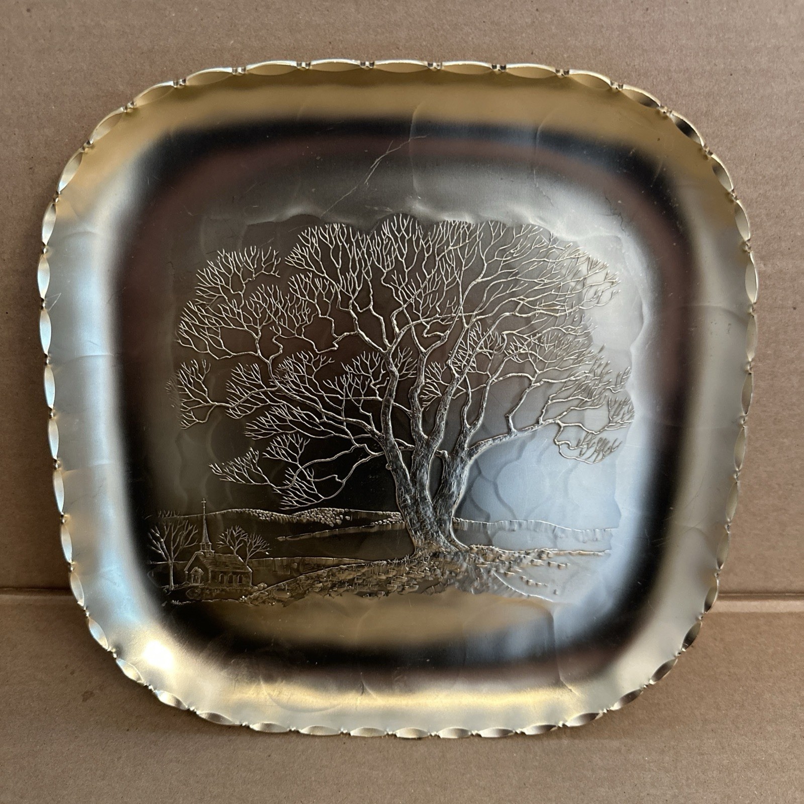 Arthur Armour Hammered Aluminum Gold Tray Tree Church Scene 11-5/8" x 11-5/8"