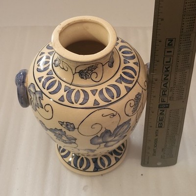 Vintage Delftware Blue White ceramic vase with decorative handles 9 