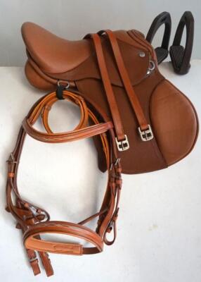 PONY English All Purpose Event Hunt Jump Saddle TAN 13 14 15'' Bridle+Irons+Lthrs